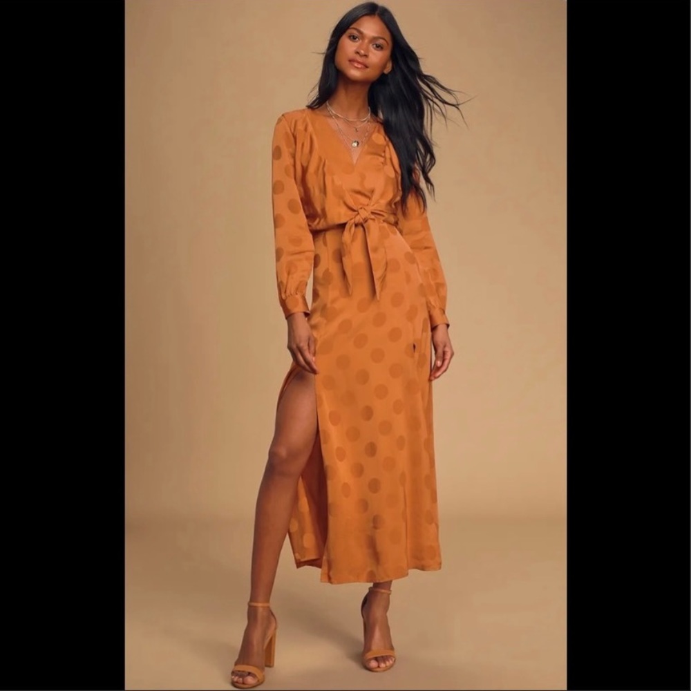 CAPULET Evelyn - Rust Orange dot satin tie front long sleeve midi dress, Size M